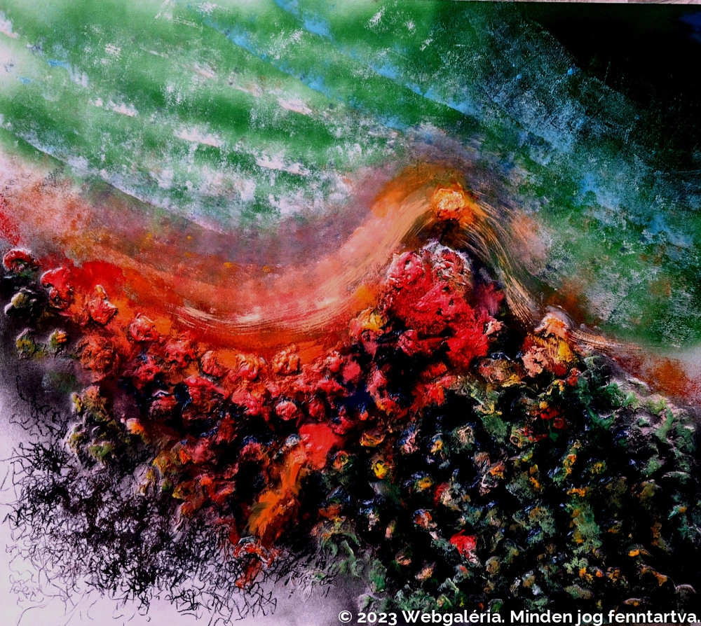 Abstract painting: sweeping warm orange and crimson against cool greens and deep shadow